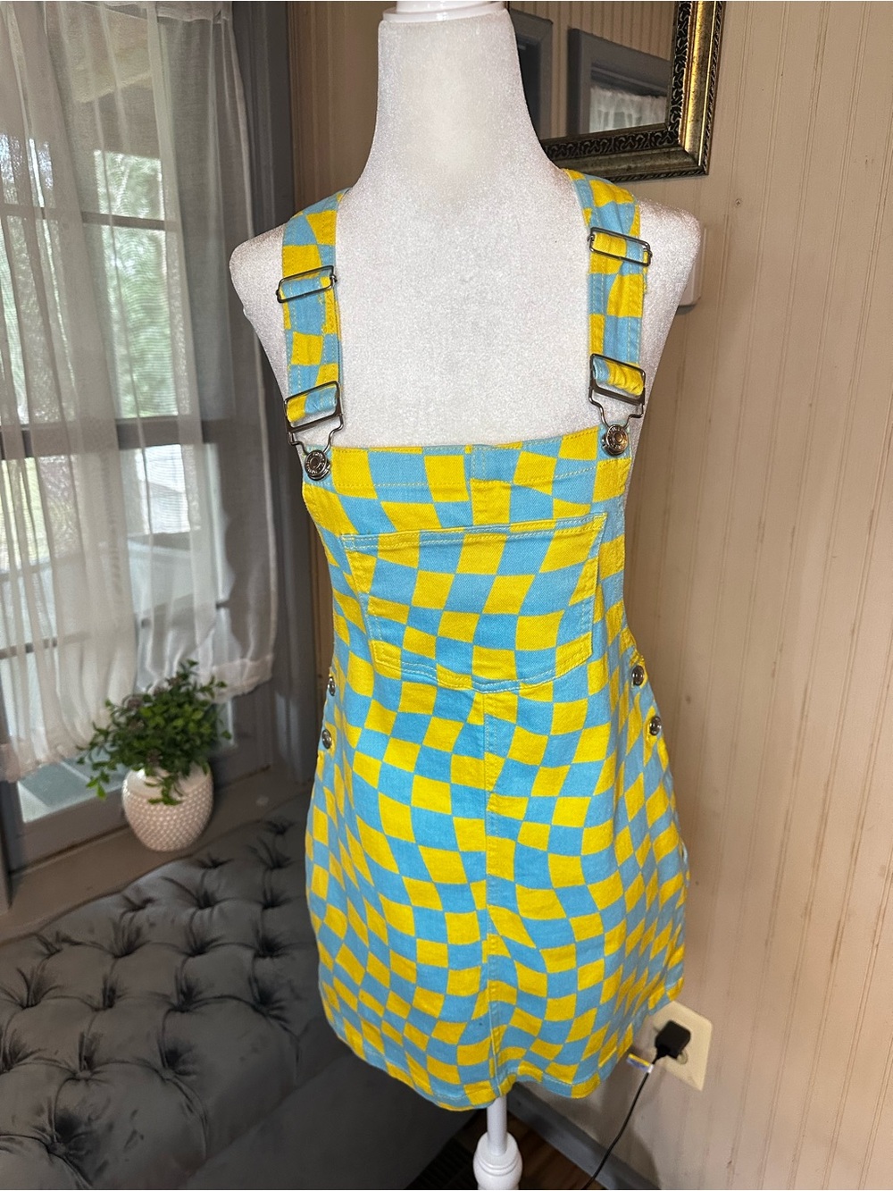 Forever 21 Checkerboard Overall Dress Blue Yellow Mini Pinafore Jumper Size S